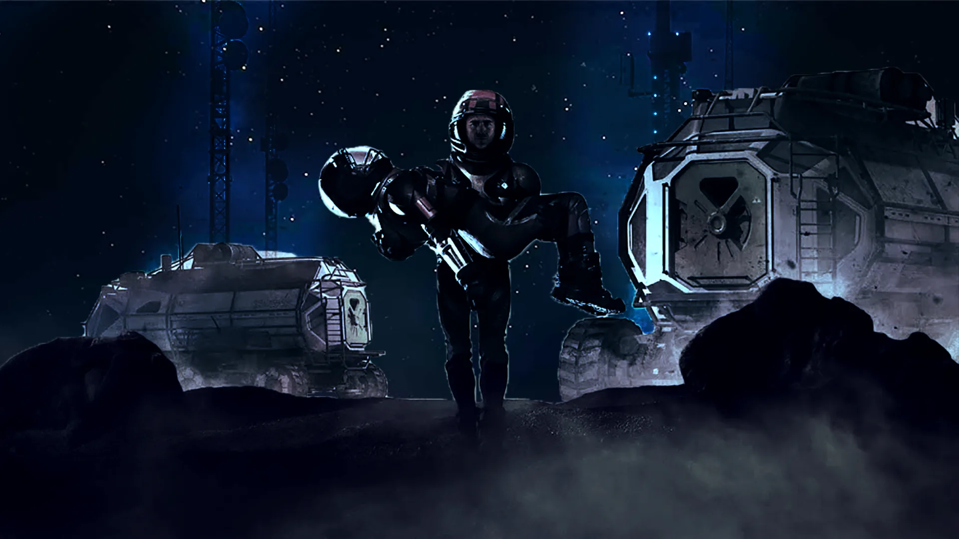 A figure in an EVA suit carries a body across the lunar surface, past habitat modules
