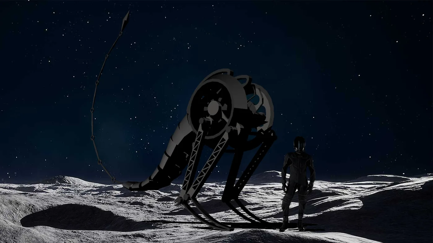 The Dragon Whip, a black four-legged scout-mech with a chain whip tail, standing beside its rider on the lunar surface