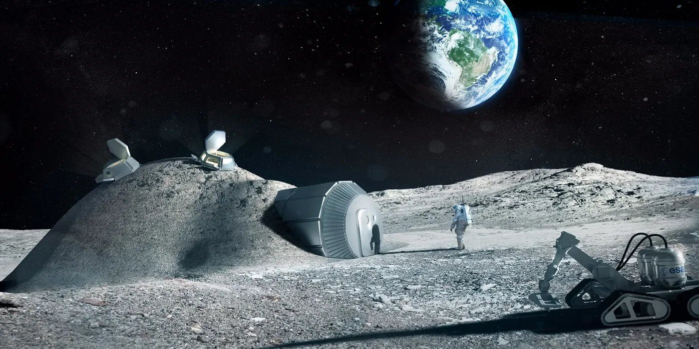 Regolith-covered habitat domes on the lunar surface with Earth overhead