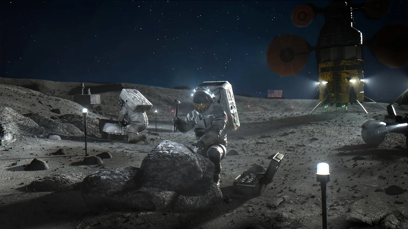 Astronauts at work around a lander on the lunar surface at night