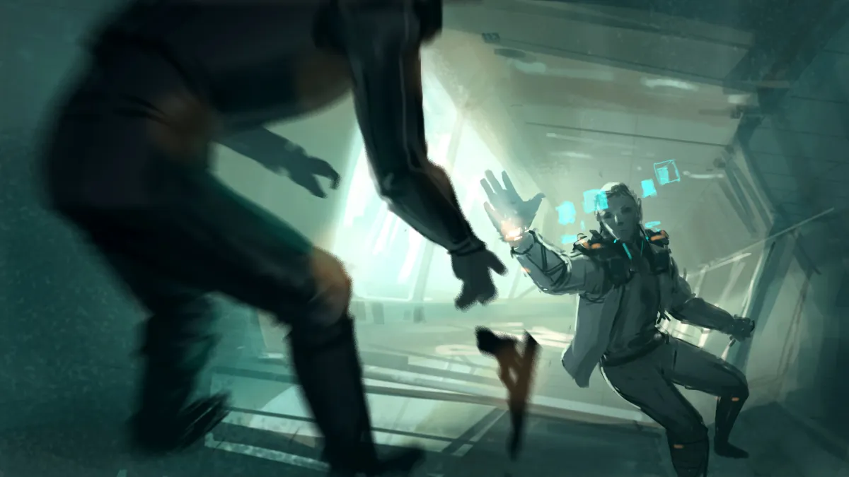 Two figures fight in a low-gravity corridor