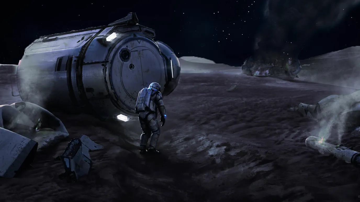 An astronaut stands beside a crashed capsule on a dark plain