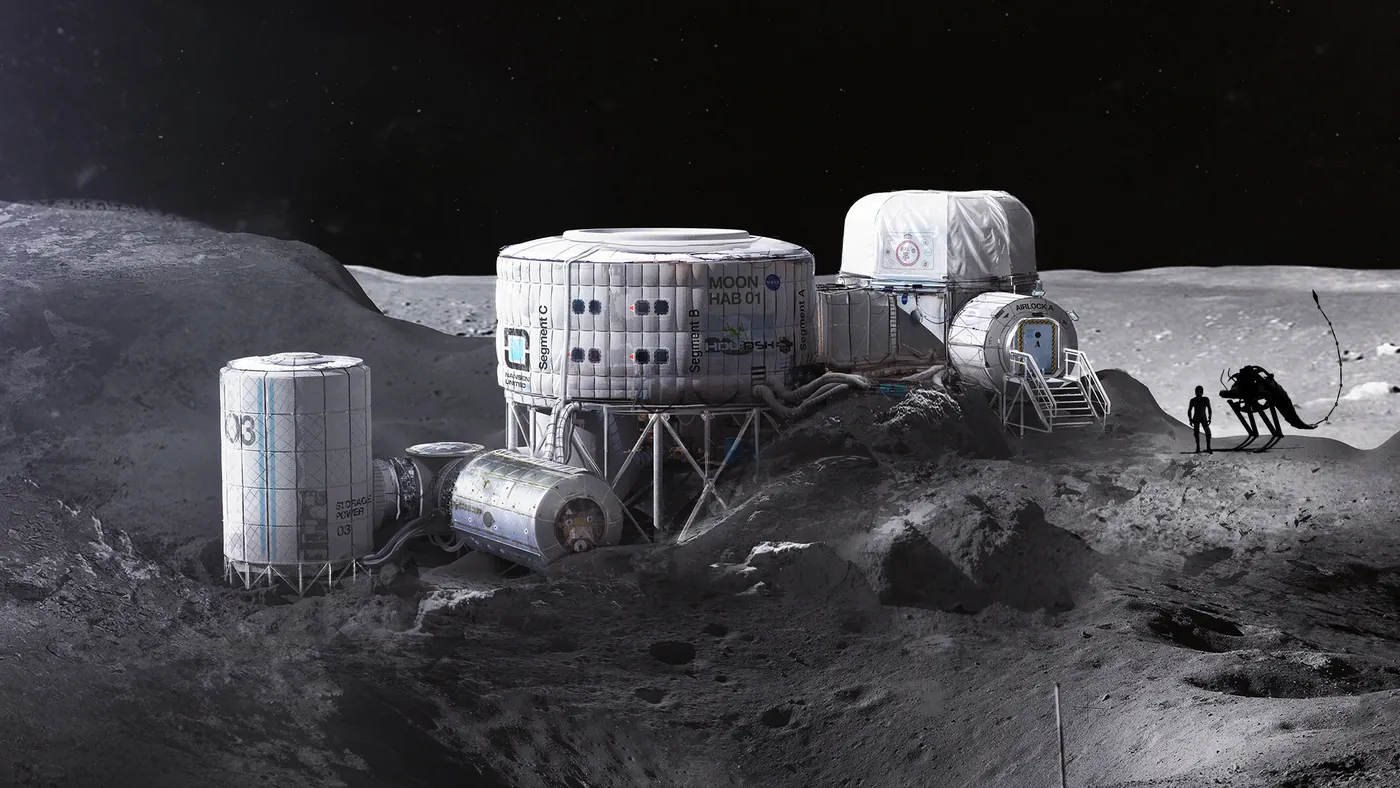 A cluster of white habitat modules on the lunar surface