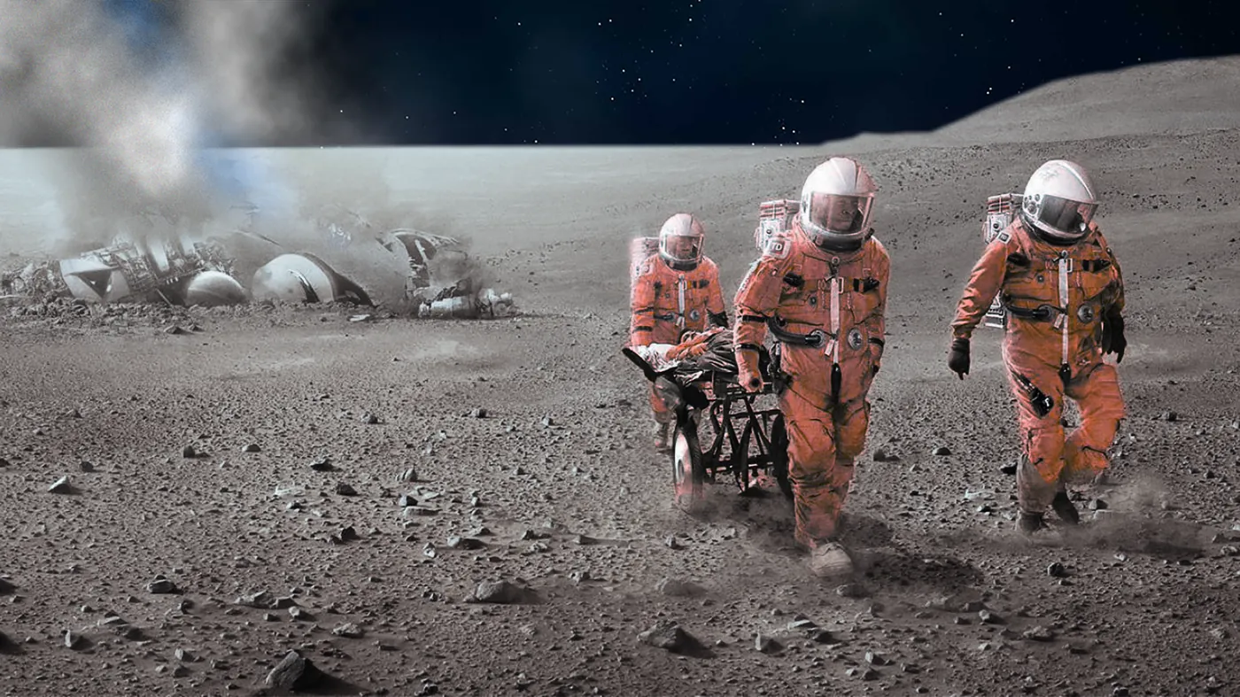Three astronauts in orange suits carry a stretcher across the dust