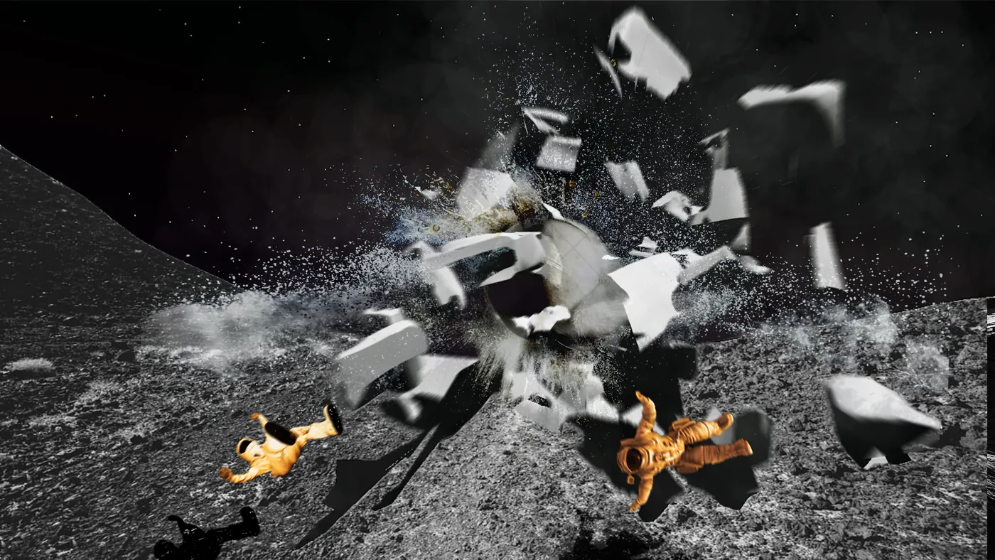 Rock and debris burst outward, throwing two astronauts clear