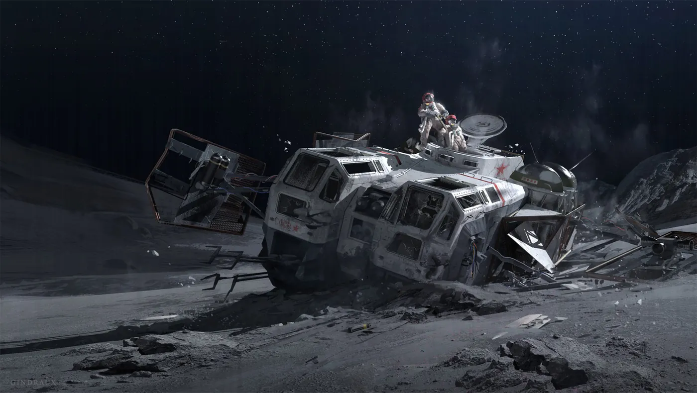 A wrecked heavy transport lies on the surface, a figure standing on its roof