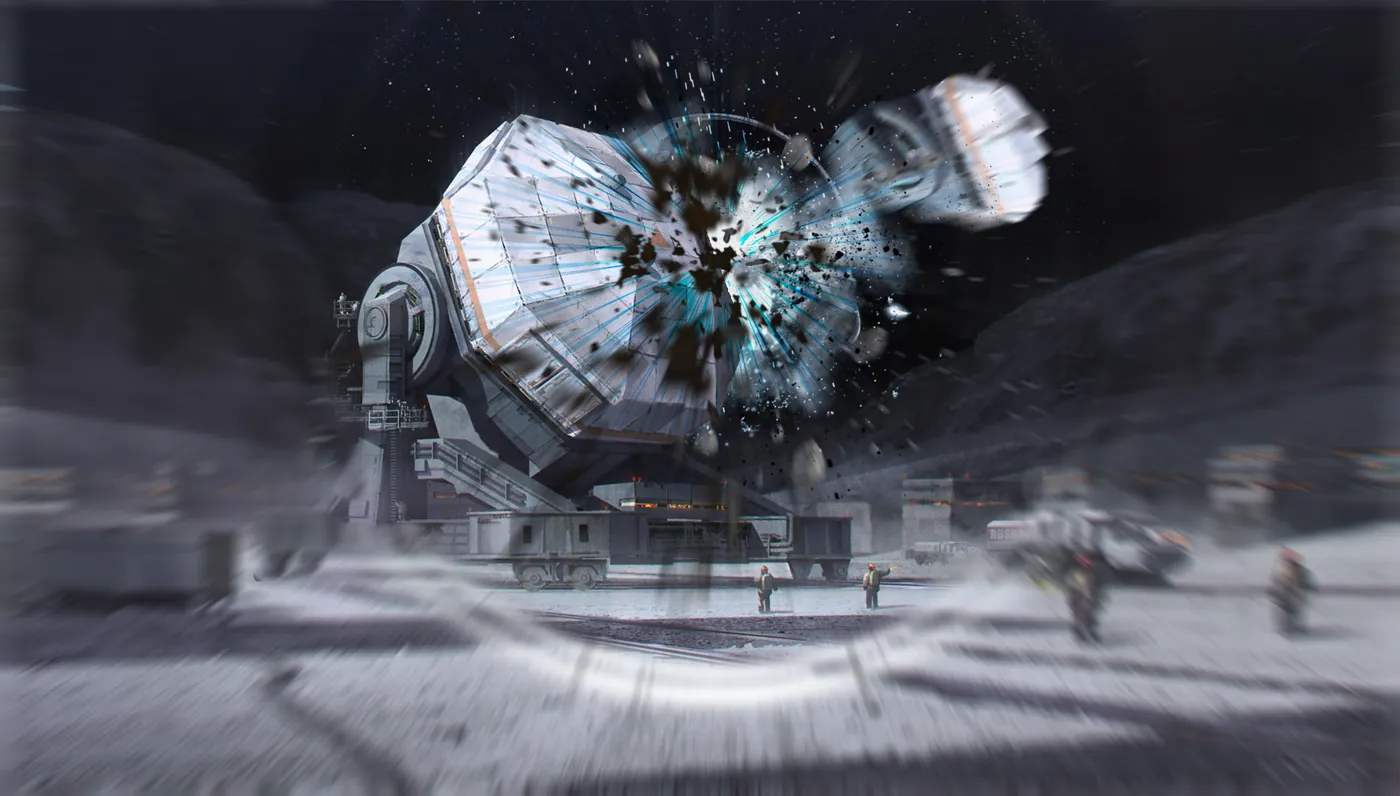 A habitat module explodes on the lunar surface
