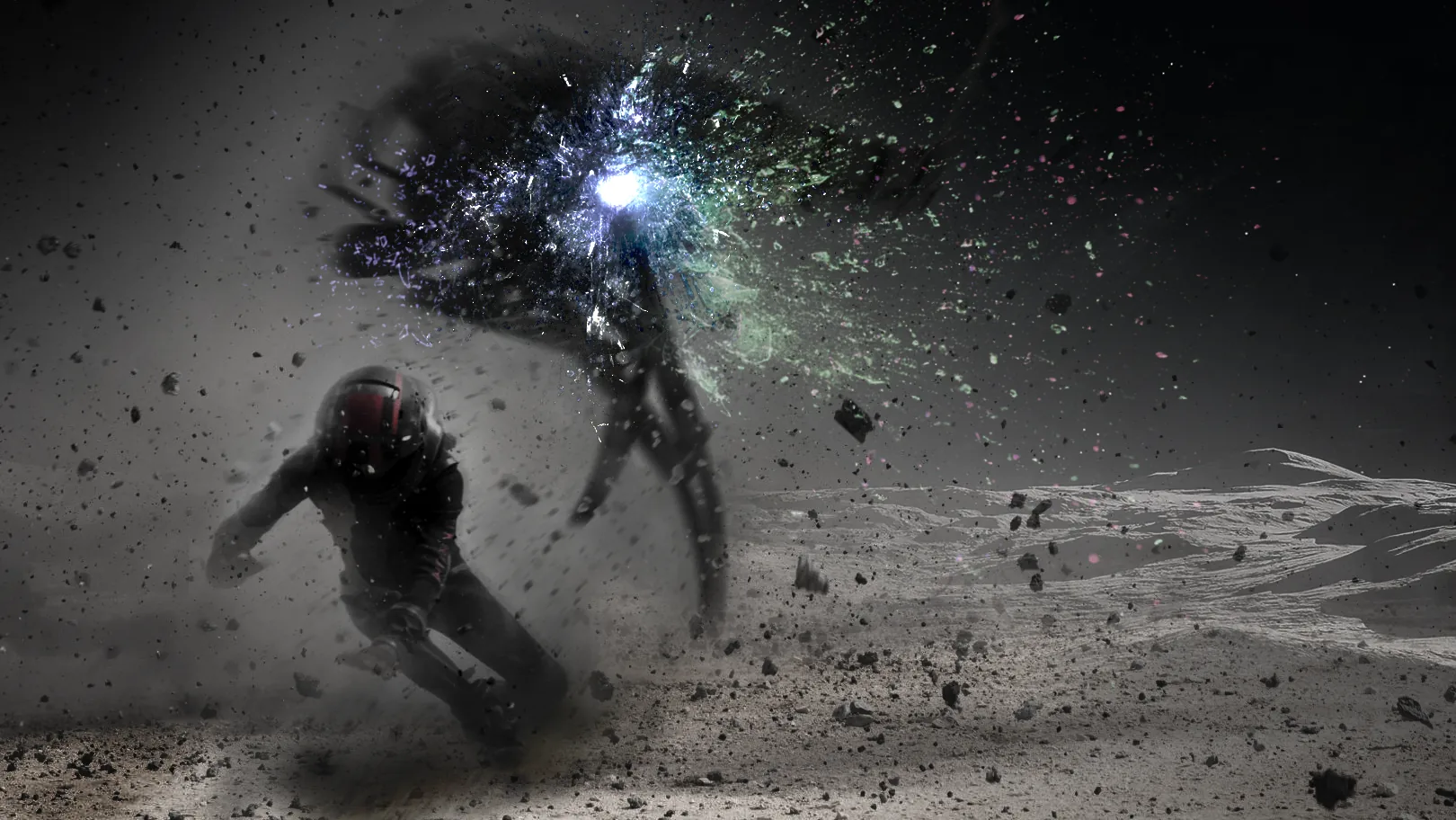 Two suited figures are thrown across the lunar surface by a blast of debris