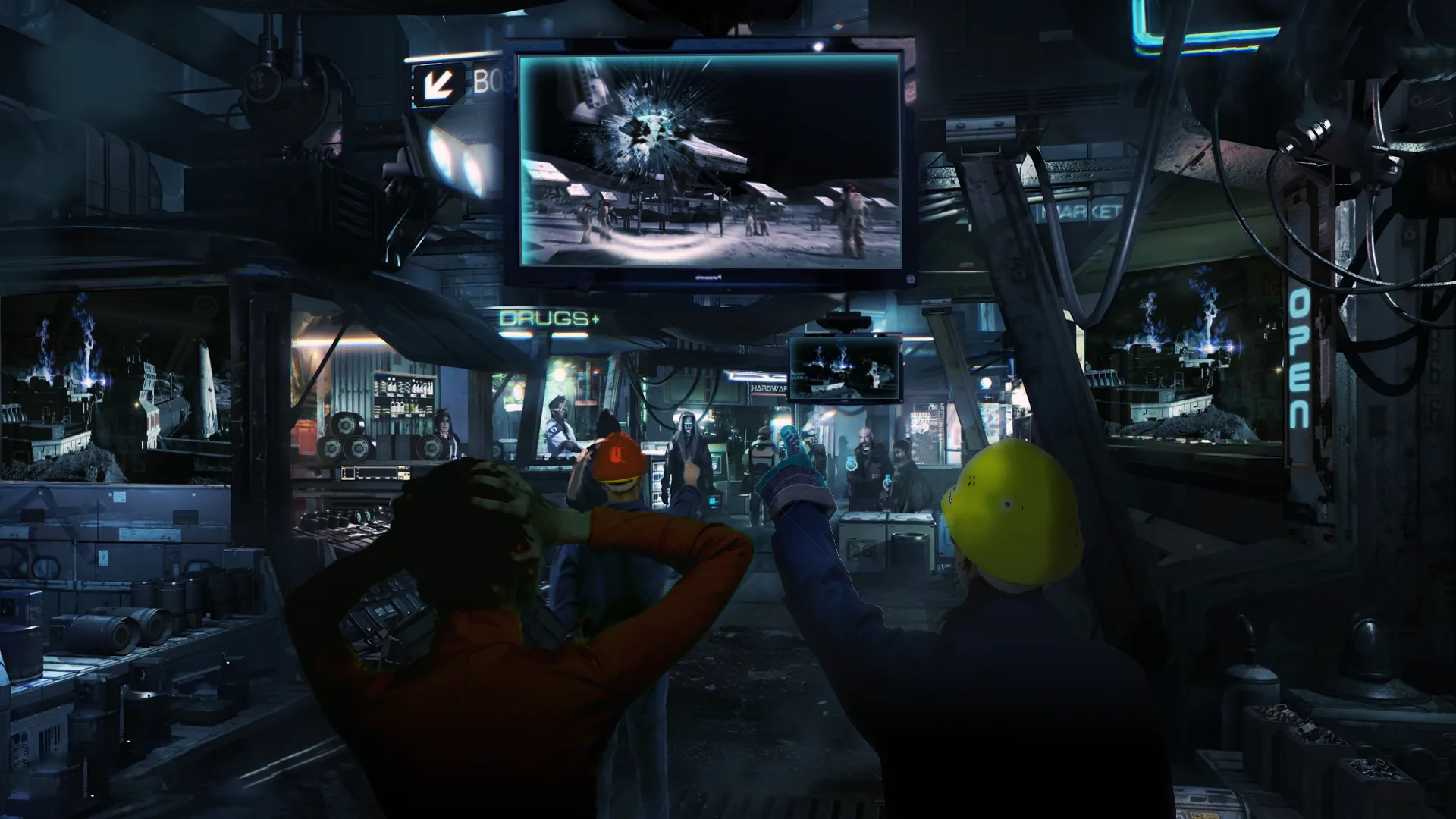 Colonists on the interior street of the habitat watch an explosion on the overhead news screens
