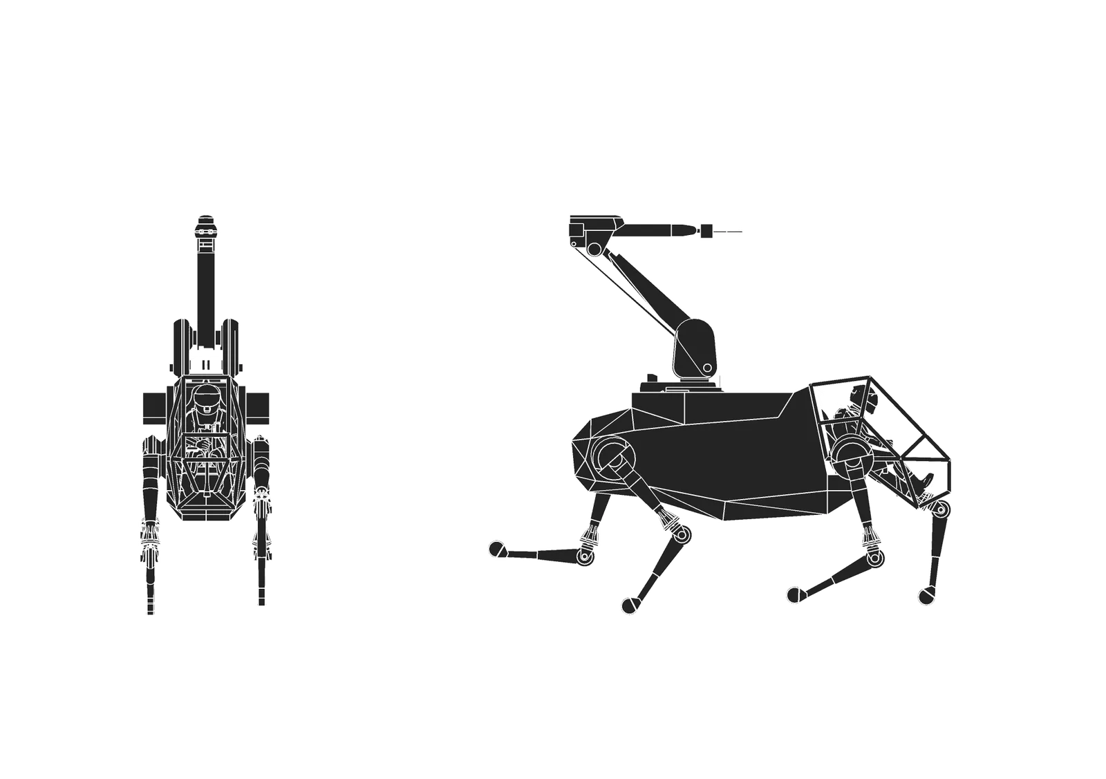 Front and side elevation drawings of the Luneq, a four-legged robot horse