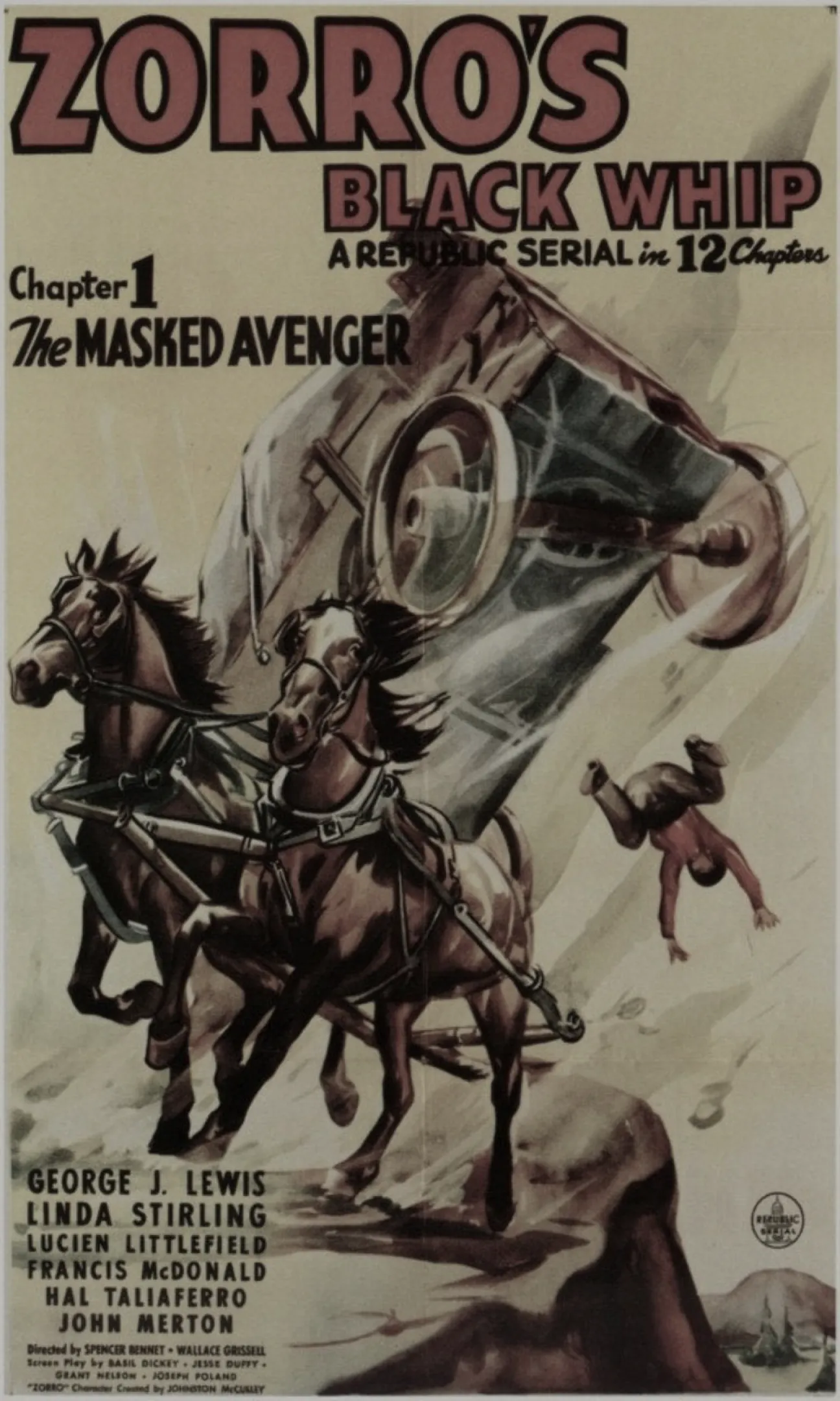 Vintage poster for the 1944 Republic serial Zorro’s Black Whip, chapter one, The Masked Avenger