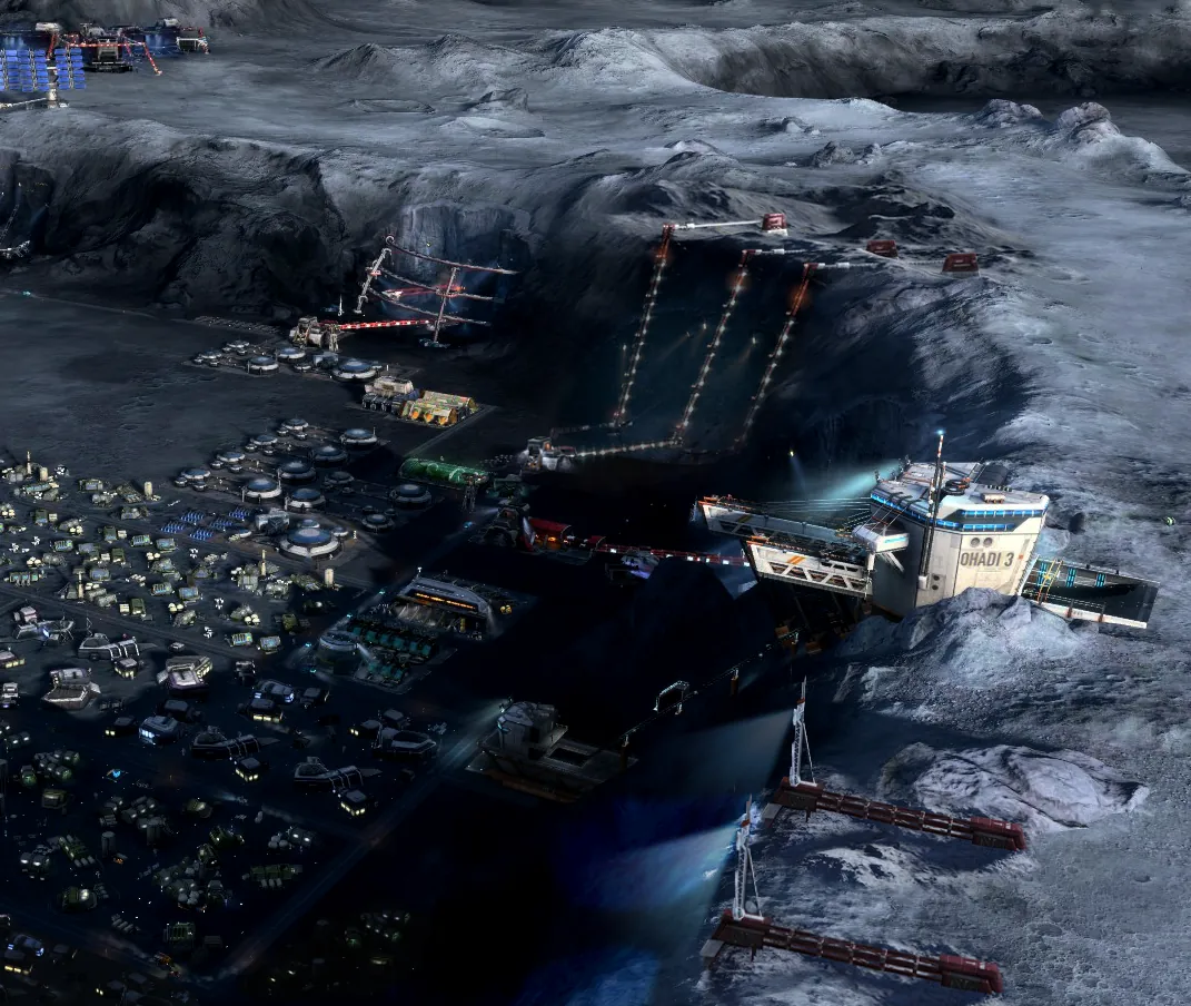 Aerial view of a mining colony built into the floor and walls of a lunar crater