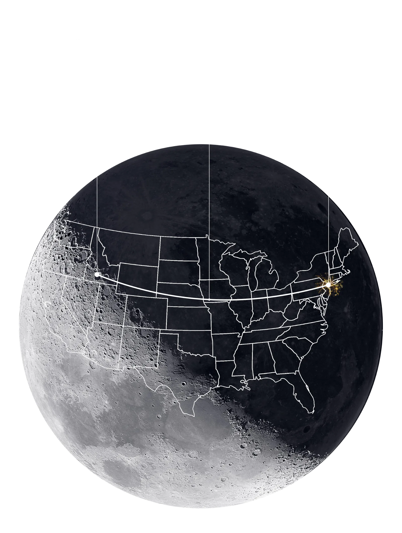 The Moon with an outline of the United States laid over it for scale, marking Ohadi Crater, the Hyperloop vac-train line and Capitol City