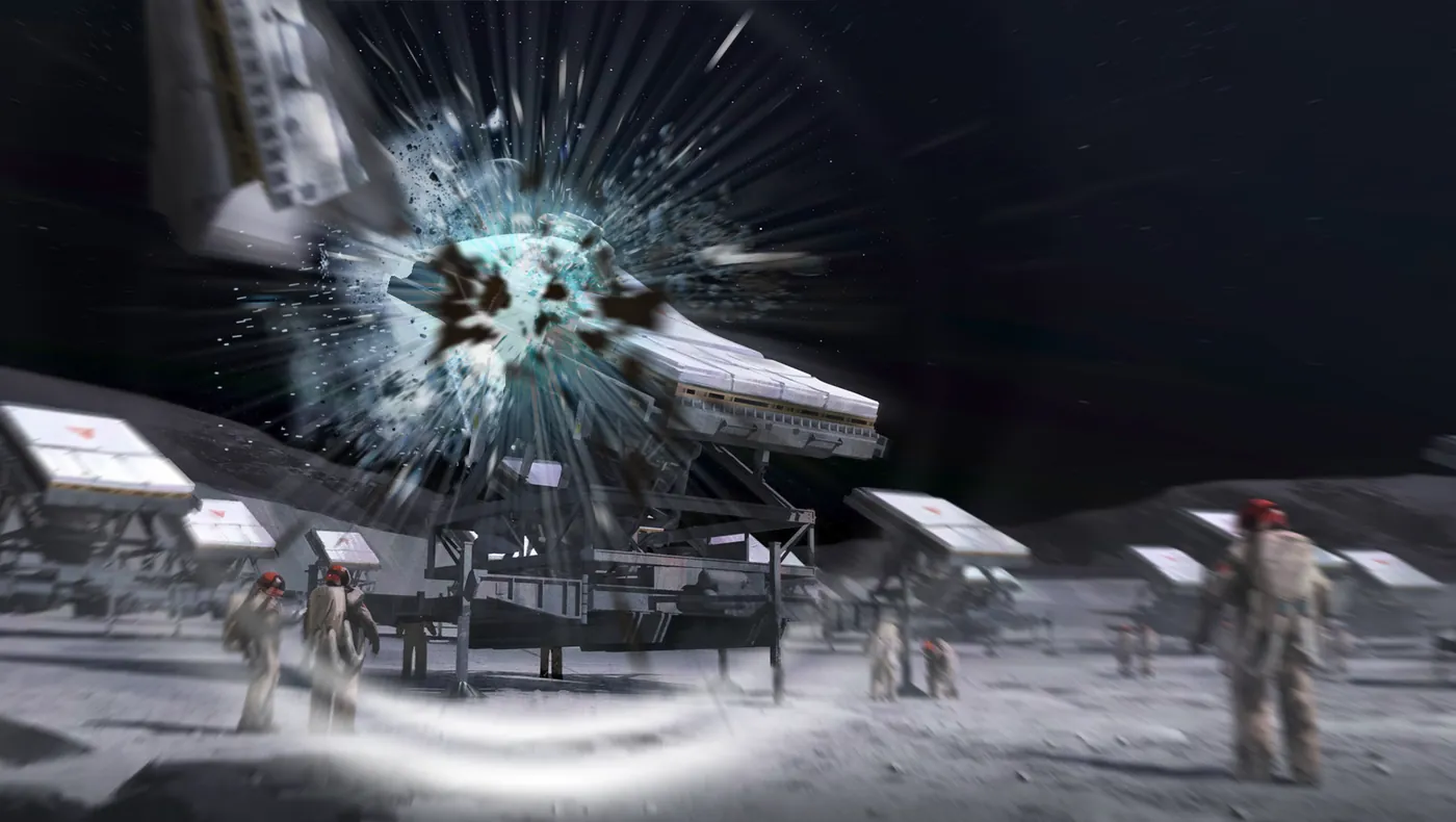 An explosion tears through a habitat module as colonists on the surface turn to look