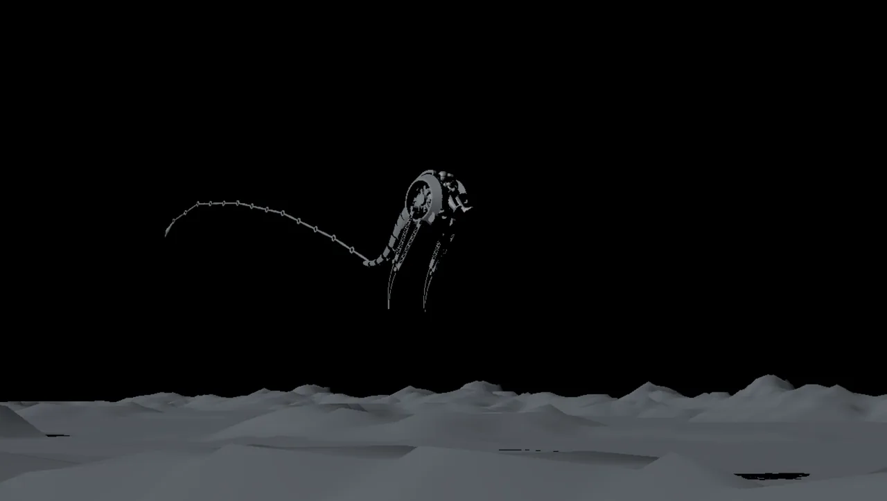 Wireframe of the Dragon Whip mech mid-stride, whip tail extended