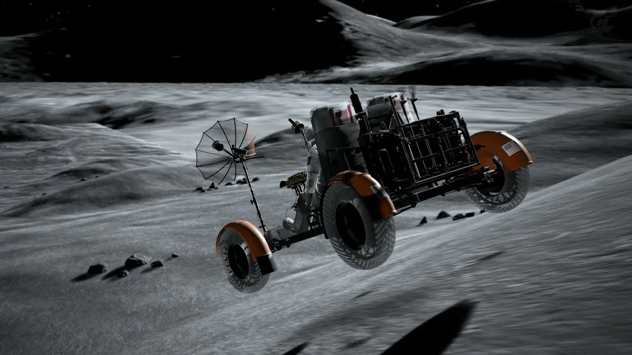 A lunar rover at speed across the surface of the Moon