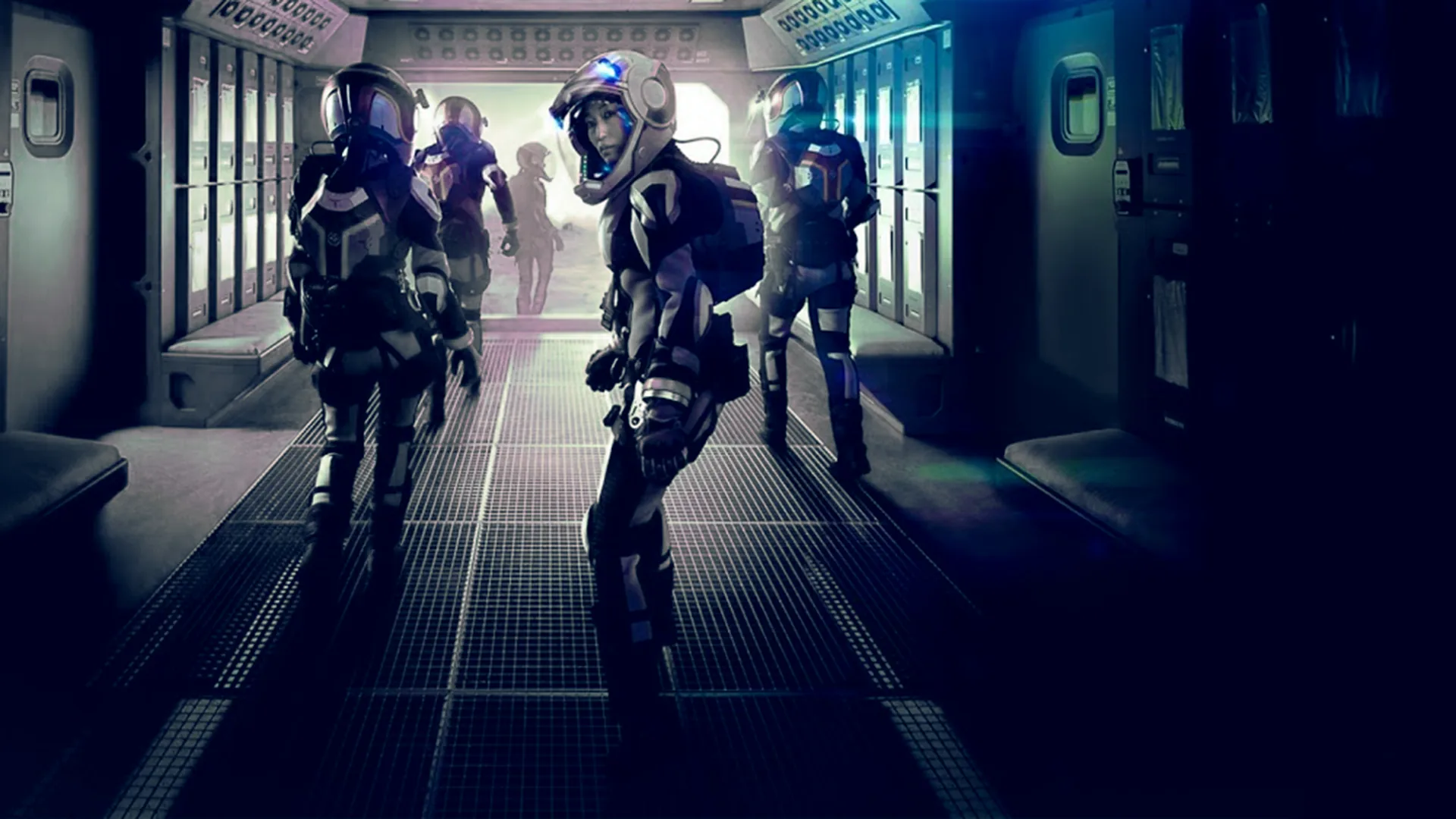 Colonists in EVA suits walk out through a habitat corridor toward the light